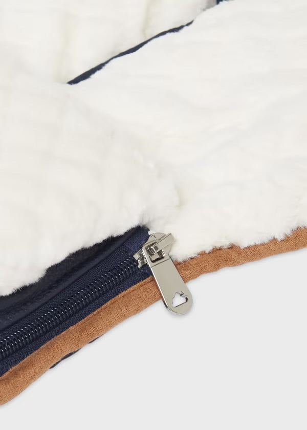 Mayoral navy Leatherette and faux fur footmuff for baby with pram/stroller mitts