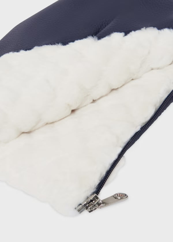 Mayoral navy Leatherette and faux fur footmuff for baby with pram/stroller mitts