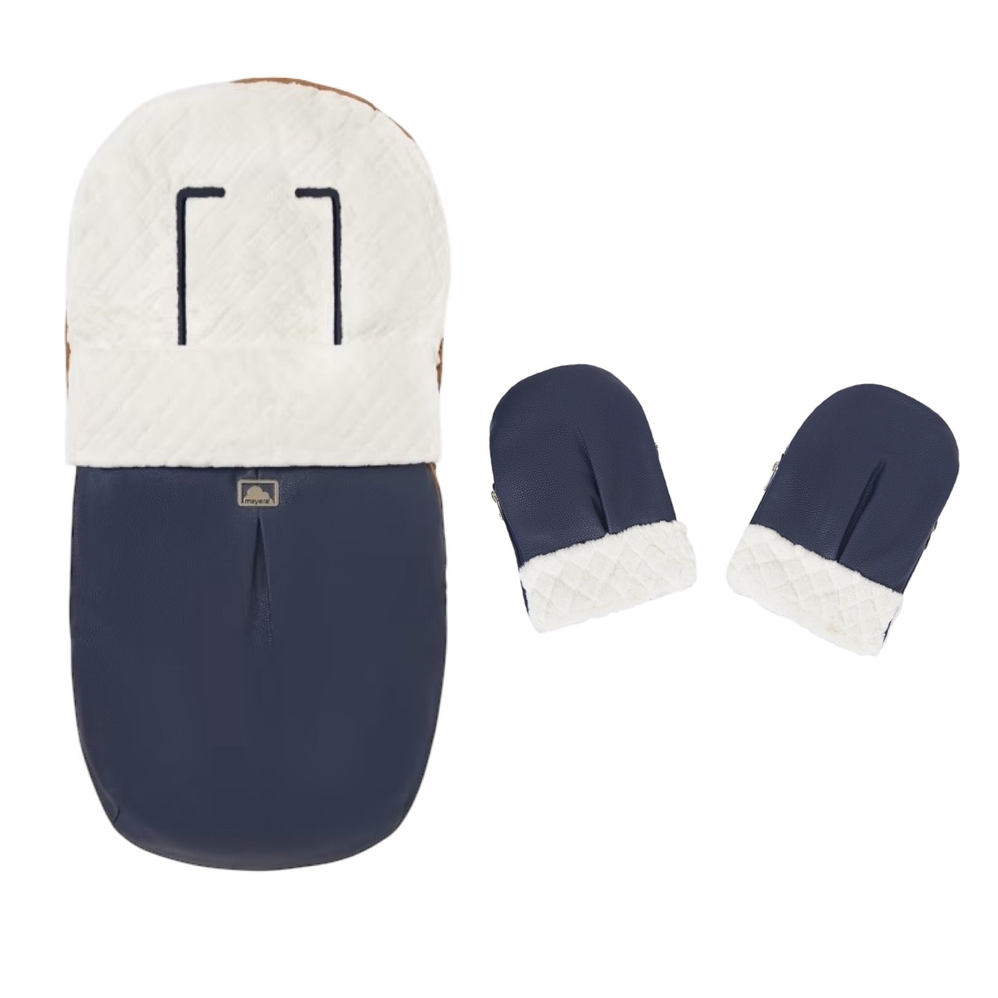 Mayoral navy Leatherette and faux fur footmuff for baby with pram/stroller mitts